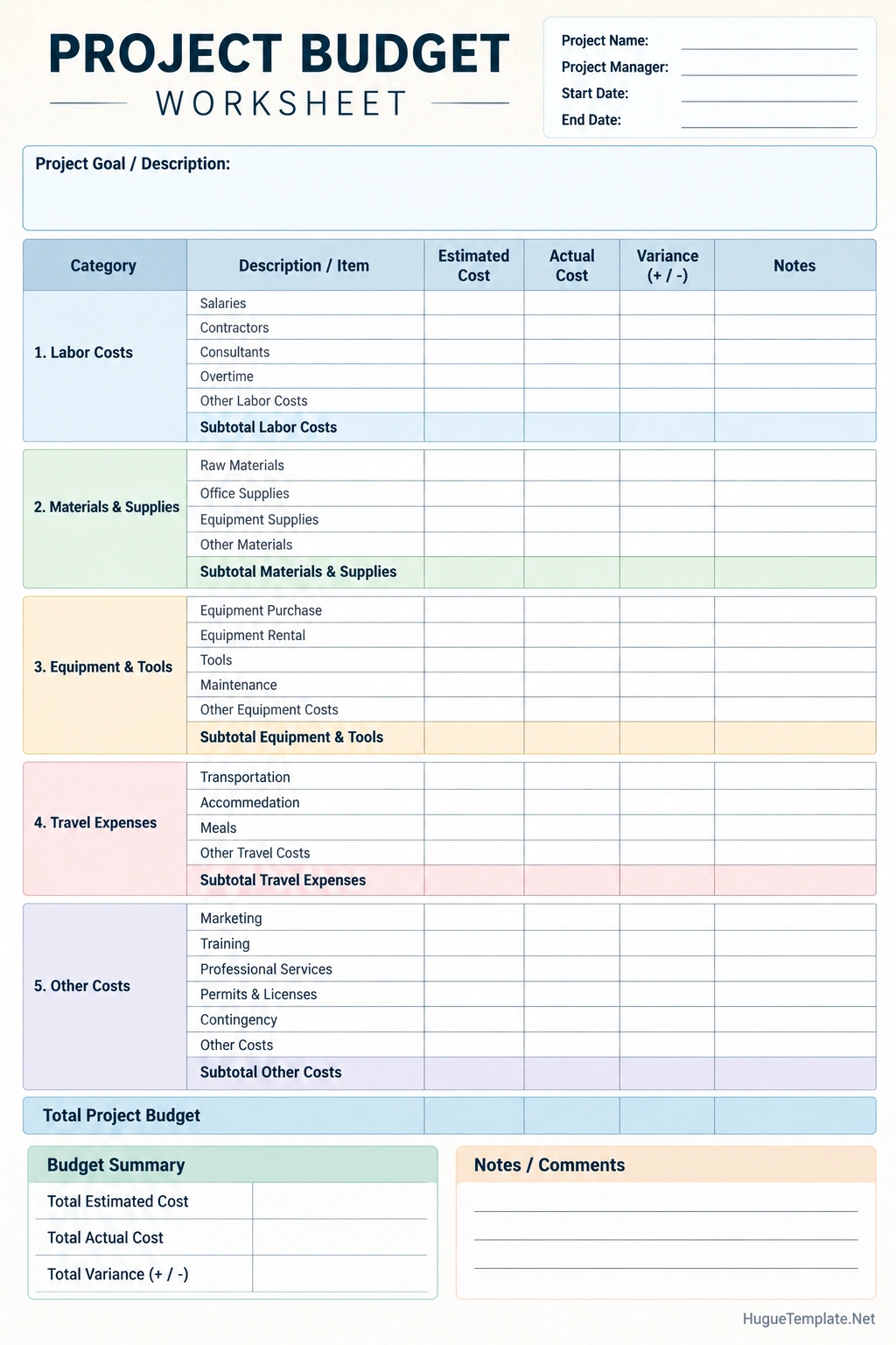 Project Budget Template Printable project budget worksheet template for tracking estimated costs, actual expenses, budget variance, and project spending