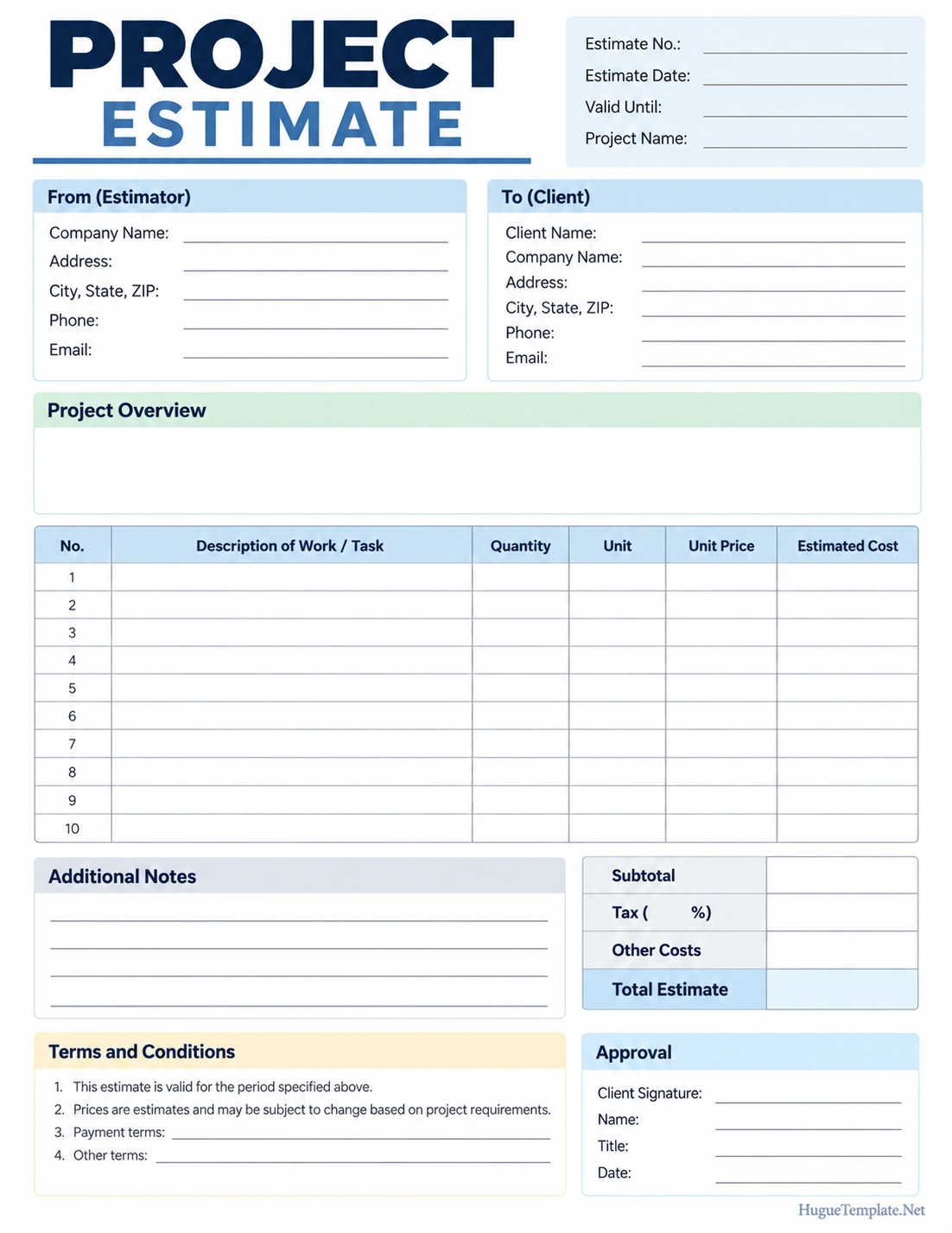 Project Estimate Template Printable project estimate template with project details, estimated labor, materials, costs, timeline, and total estimate sections