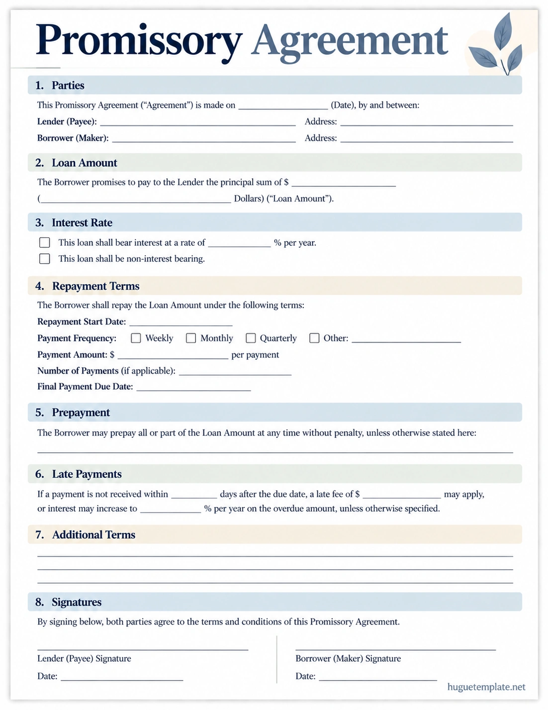 Promissory Agreement Template Printable Promissory Agreement Template with loan amount, interest rate, repayment terms, late payments, and signatures