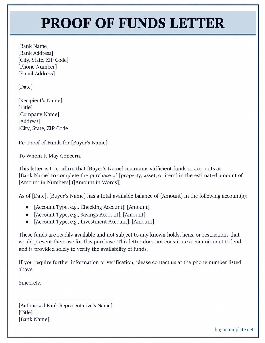 Proof of Funds Letter Template Proof of Funds Letter Template