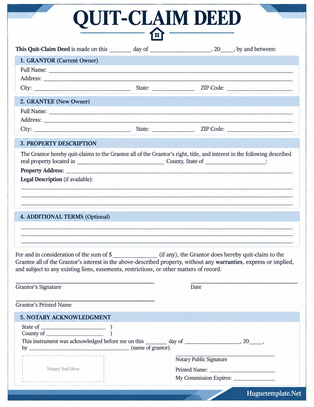 Quit Claim Deed Form Quit-Claim Deed Form Template with grantor, grantee, property description, signature, and notary sections