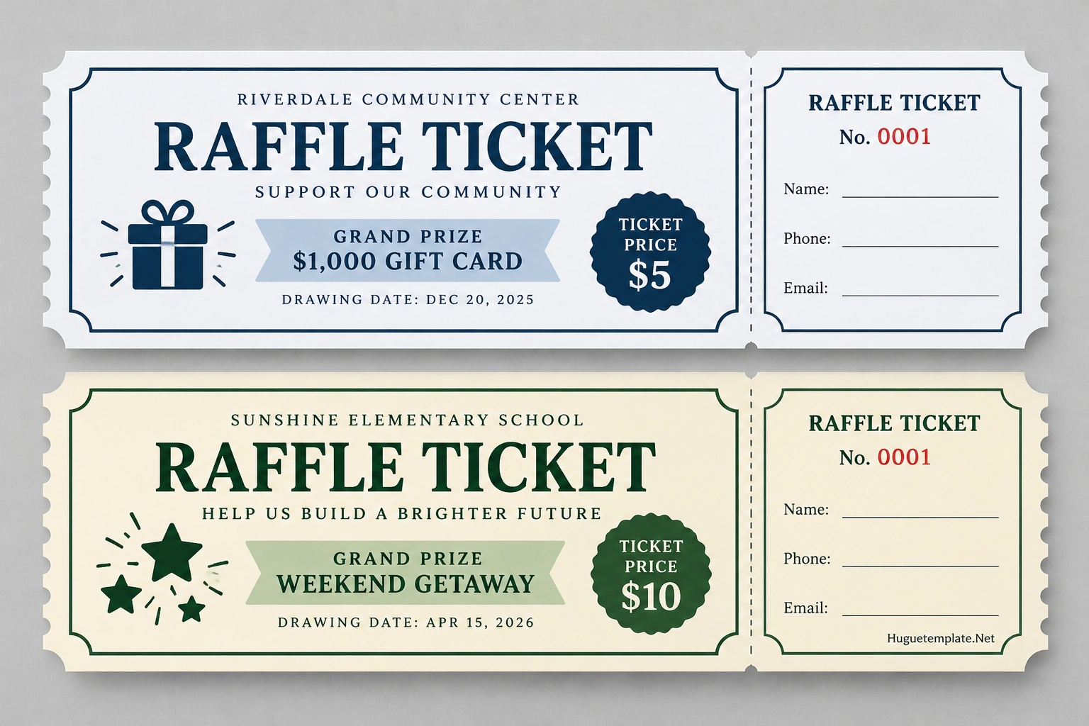 Raffle Ticket Template Printable raffle ticket sample with numbered entry, prize details, ticket price, drawing date, and detachable participant information stub