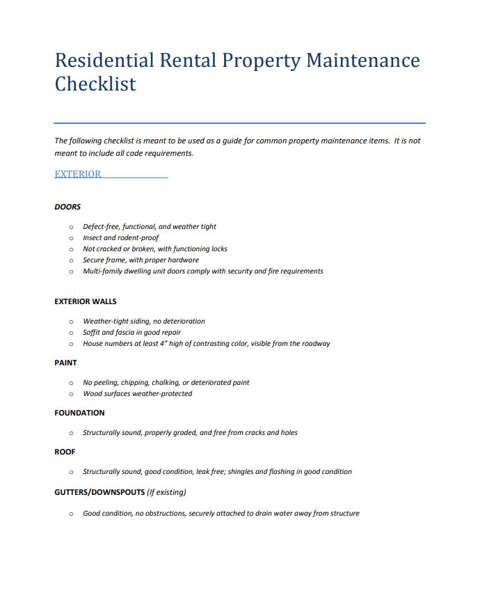 Rental Property Maintenance Checklist Template