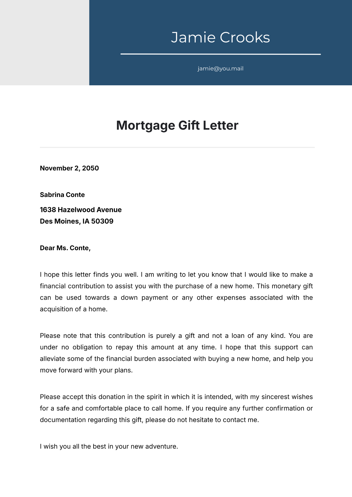 Sample Gift Letter Template for Mortgage