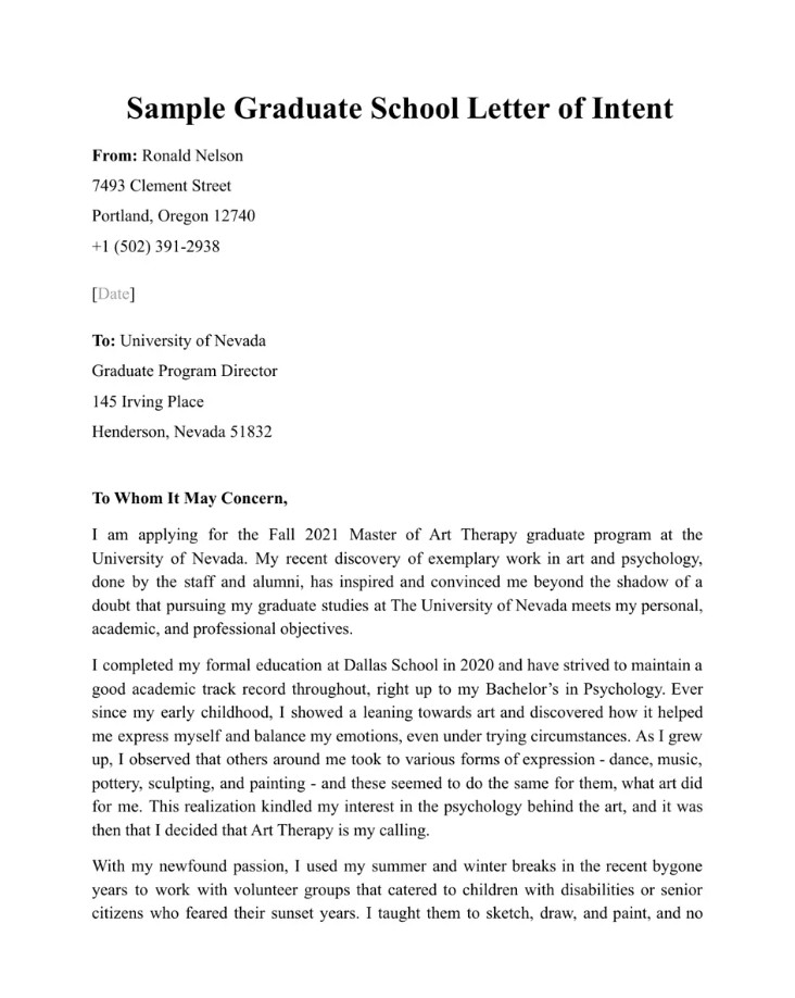 Sample Graduate School Letter of Intent Template Sample Graduate School Letter of Intent Template