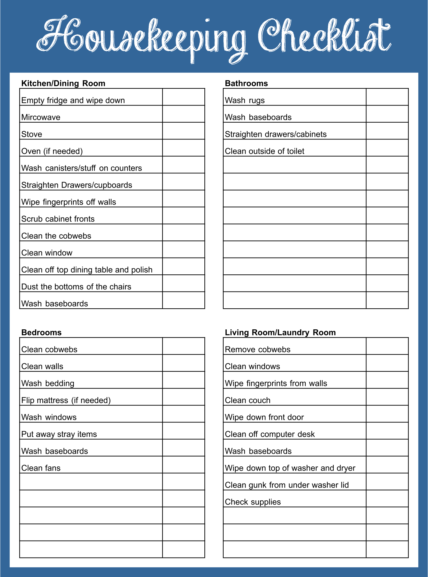 Sample Housekeeper Checklist Template Sample Housekeeper Checklist Template