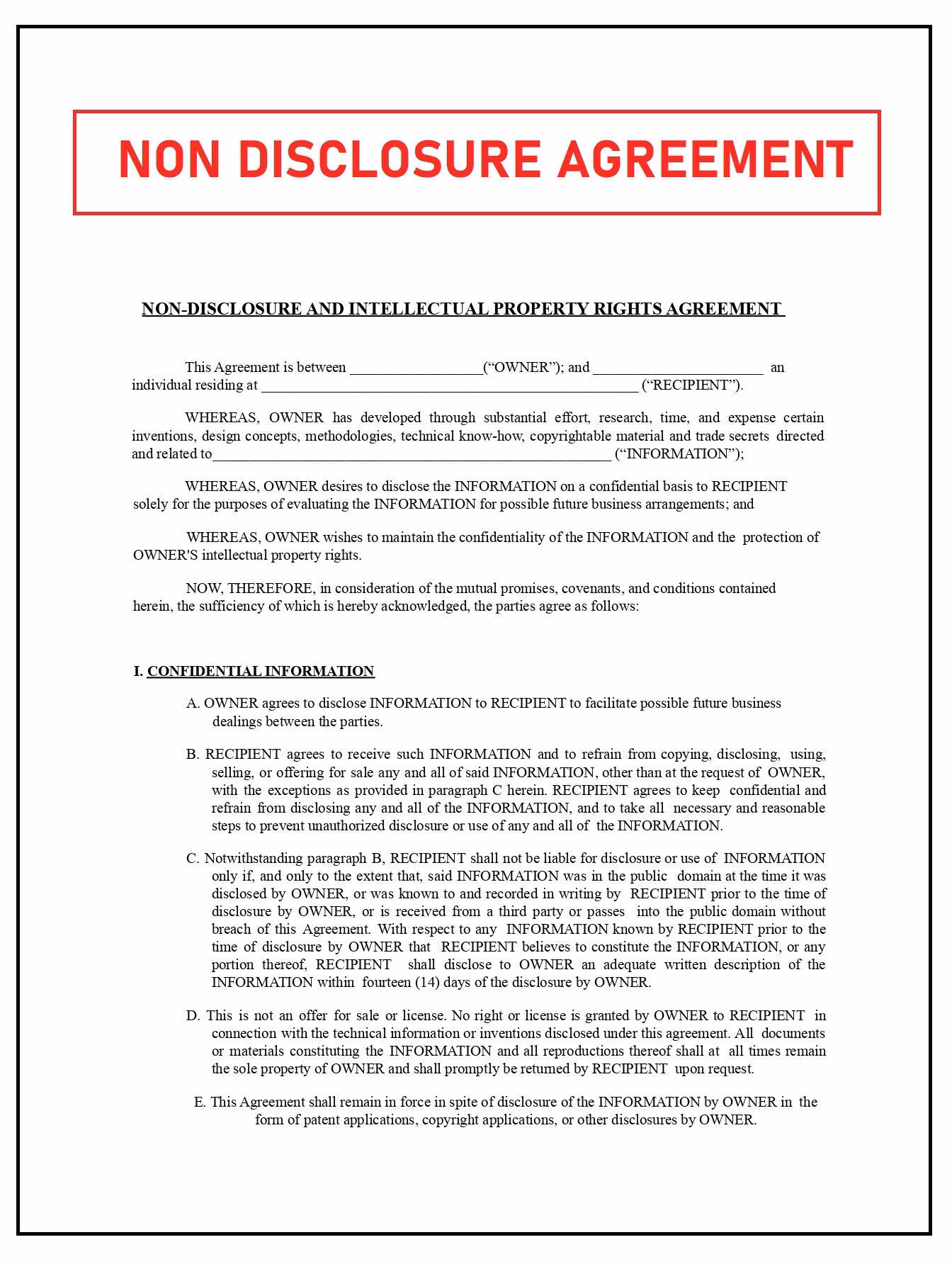 Sample Non Disclosure Agreement Template Sample Non Disclosure Agreement Template