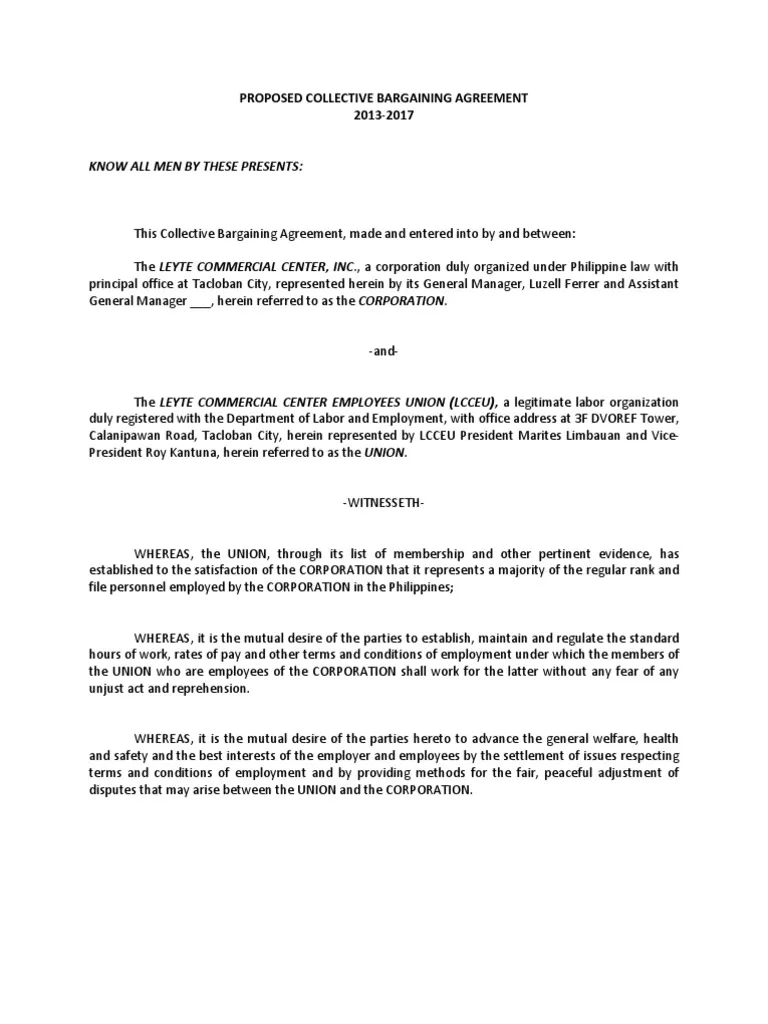 Sample of Collective Bargaining Agreement Template