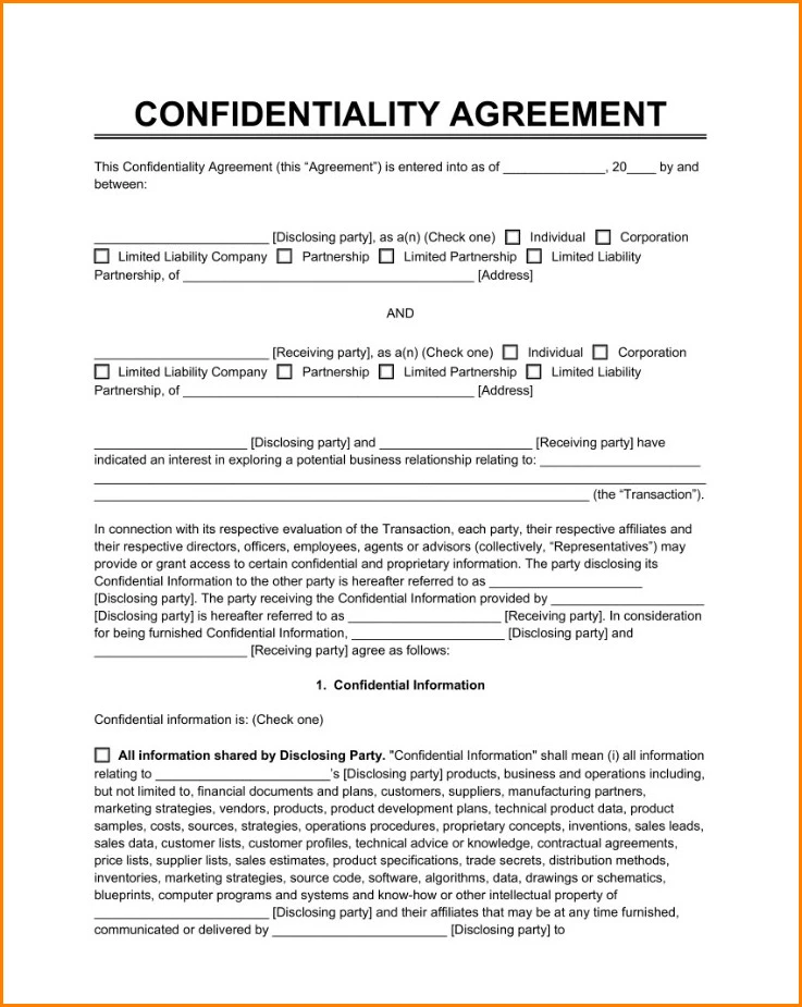 Sample of Confidentiality Agreement Template