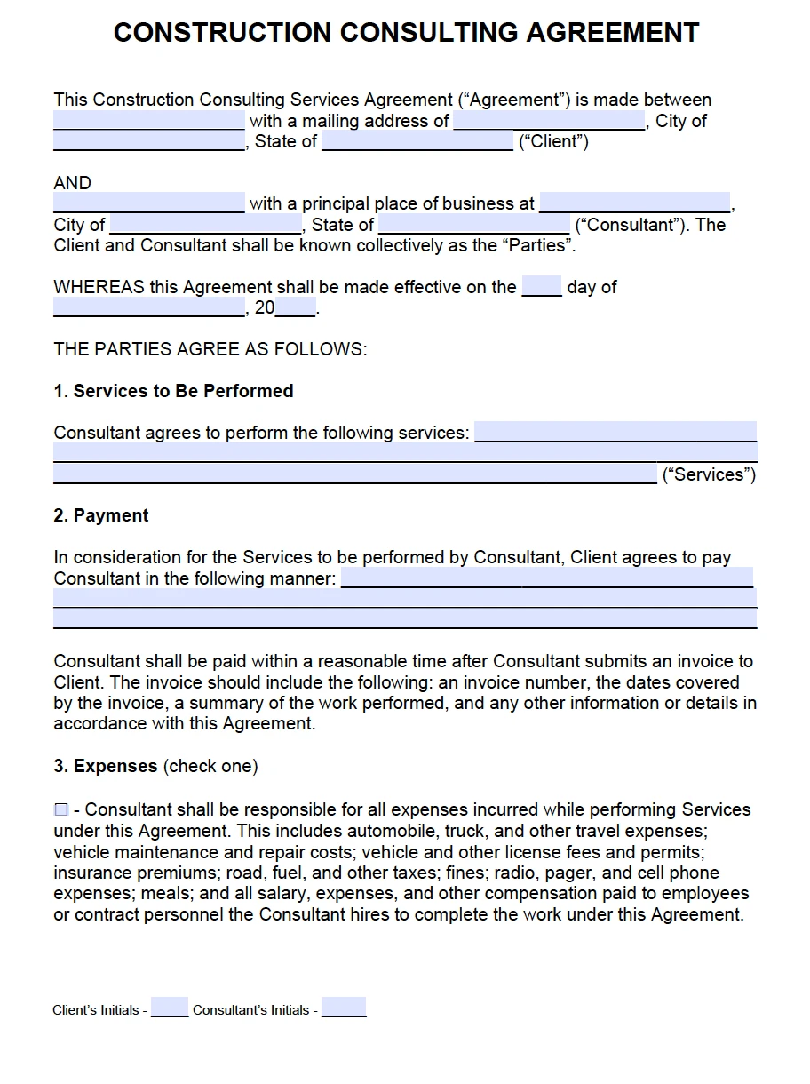 Sample of Construction Agreement Template