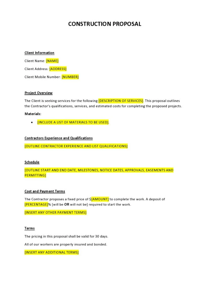Sample of Construction Bid Template