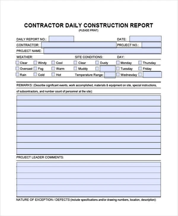 Sample of Construction Daily Report Template
