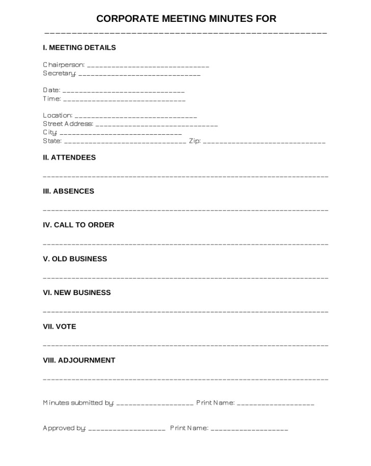 Sample of Corporate Meeting Minutes Template Sample of Corporate Meeting Minutes Template