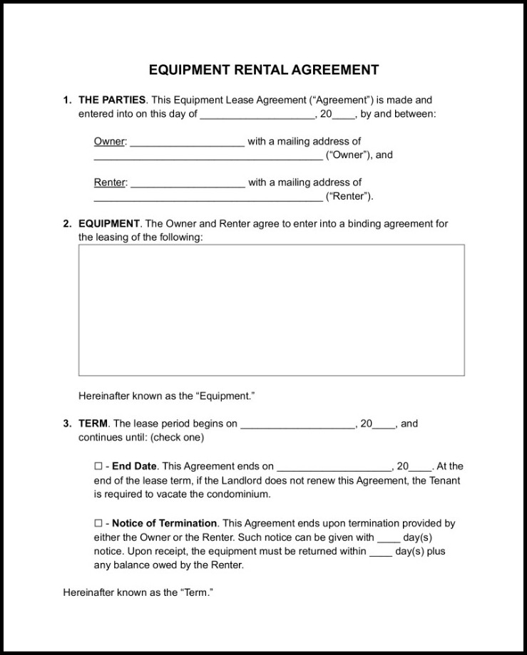 Sample of Equipment Lease Agreement Template