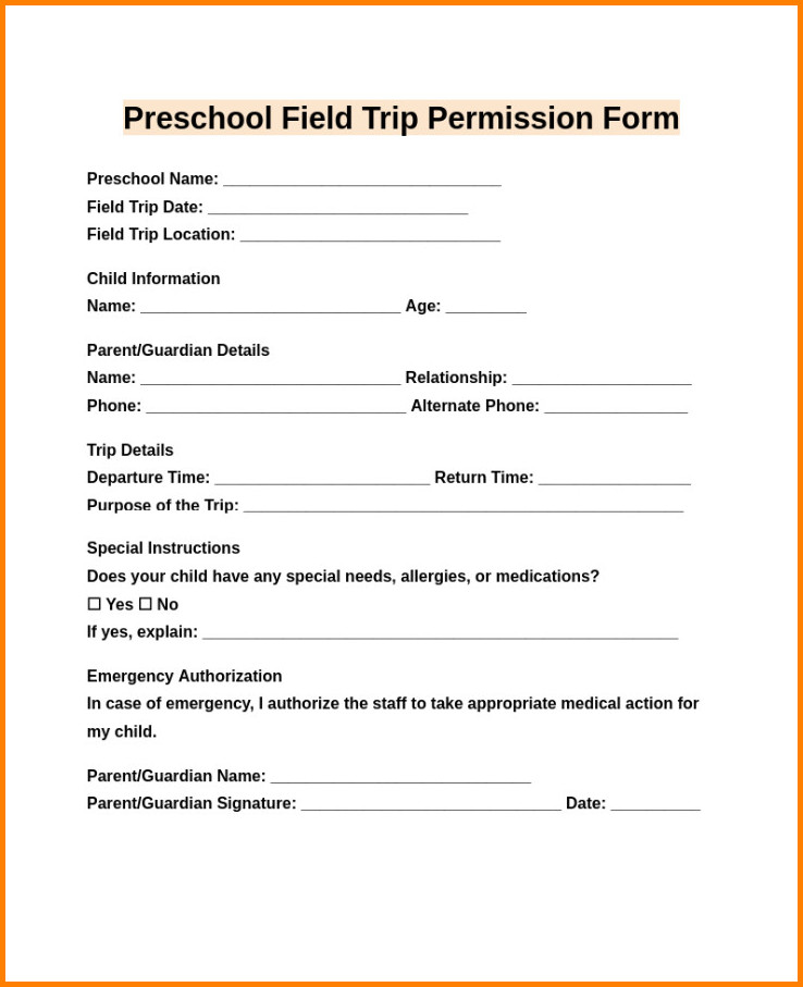 Sample of Field Trip Permission Slip Template