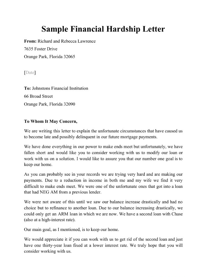 Sample of Financial Hardship Letter Template Sample of Financial Hardship Letter Template