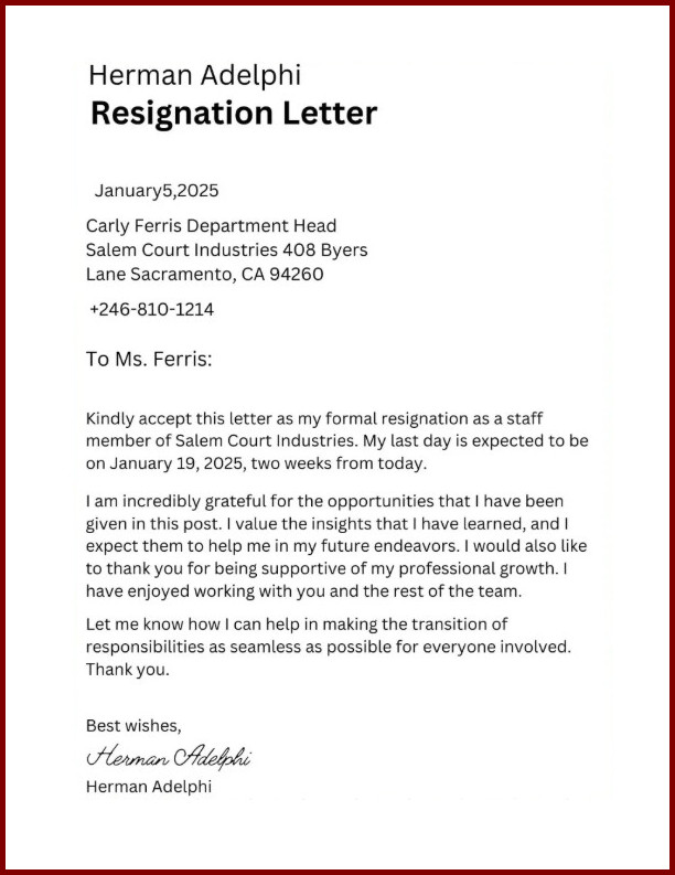 Sample of Formal Letter of Resignation Template Sample of Formal Letter of Resignation Template
