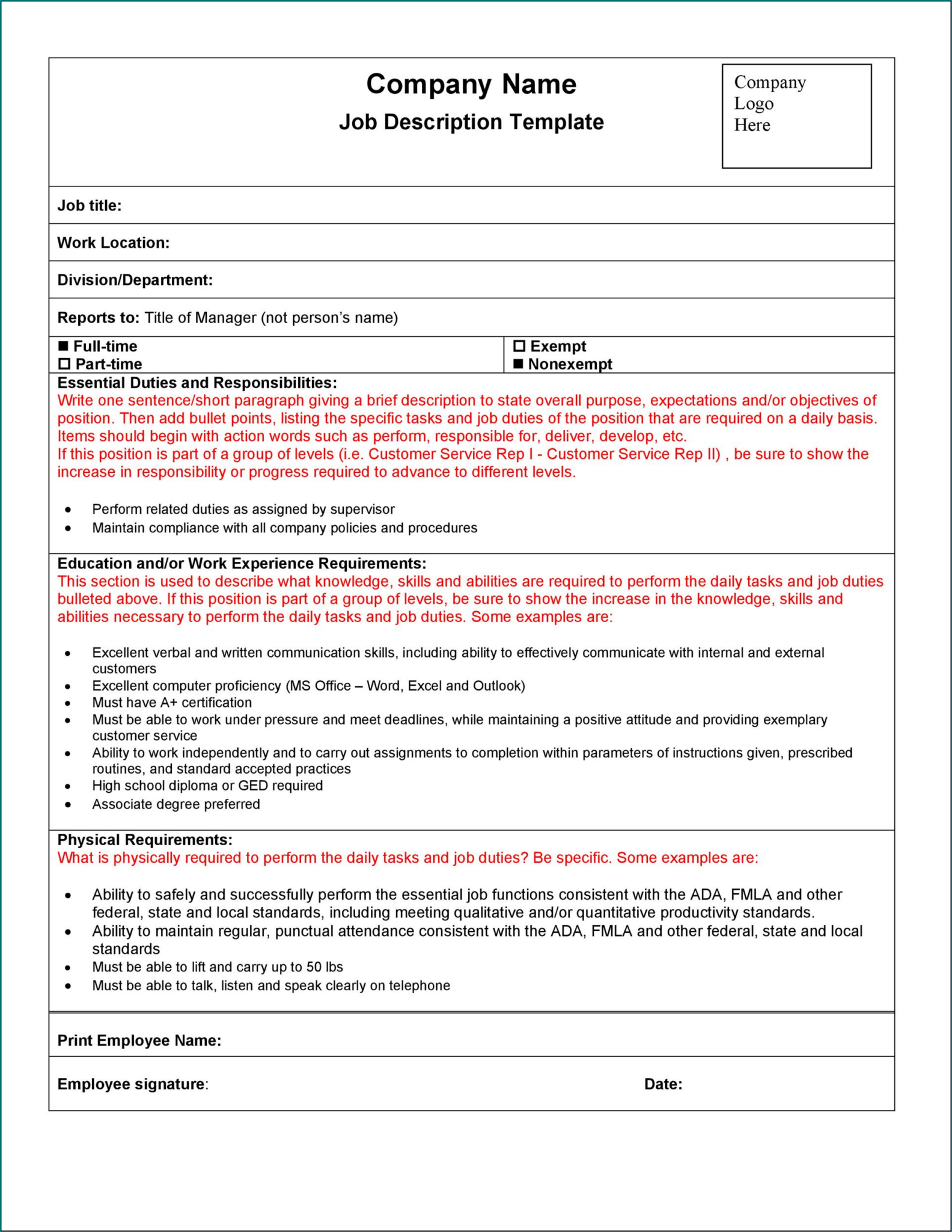 Job Description Template (Word)