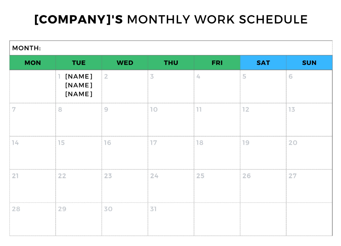 Sample of Monthly Work Schedule Template