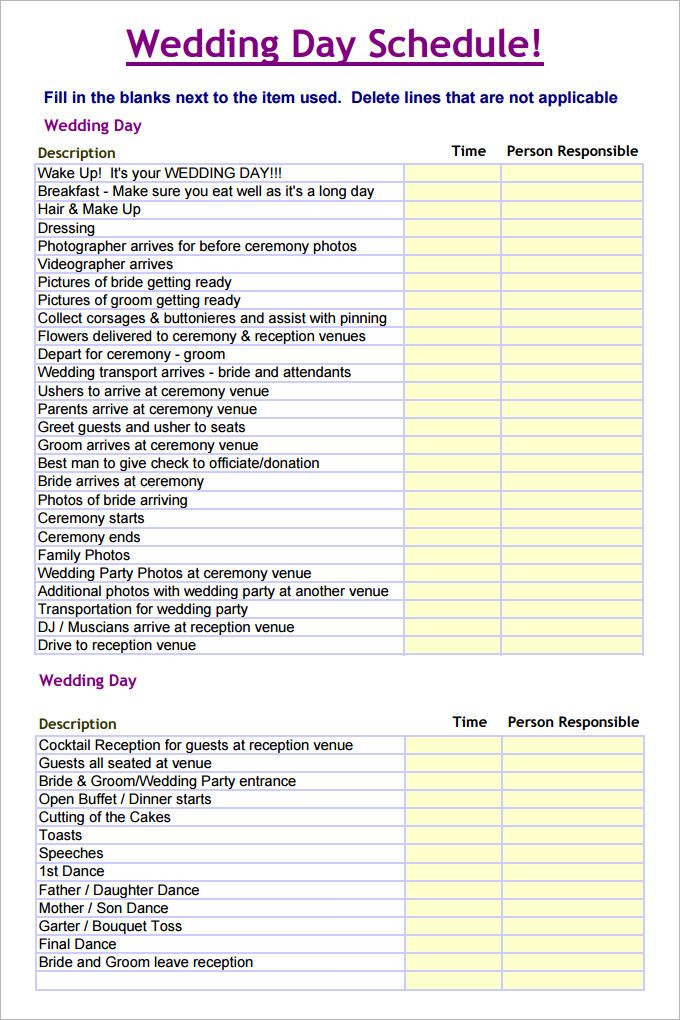 Sample of Printable Wedding Schedule Template Sample of Printable Wedding Schedule Template