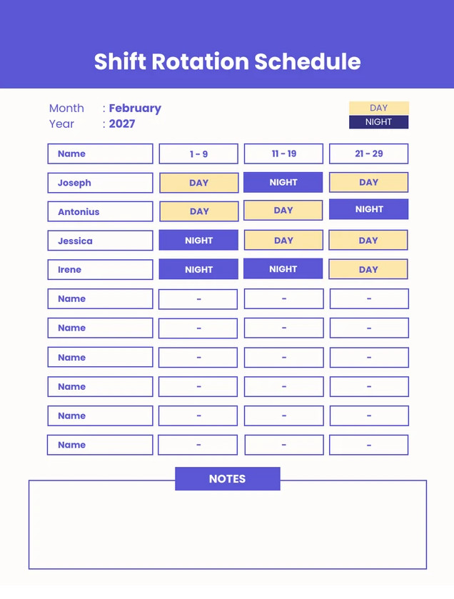Sample of Rotating Shift Schedule Template
