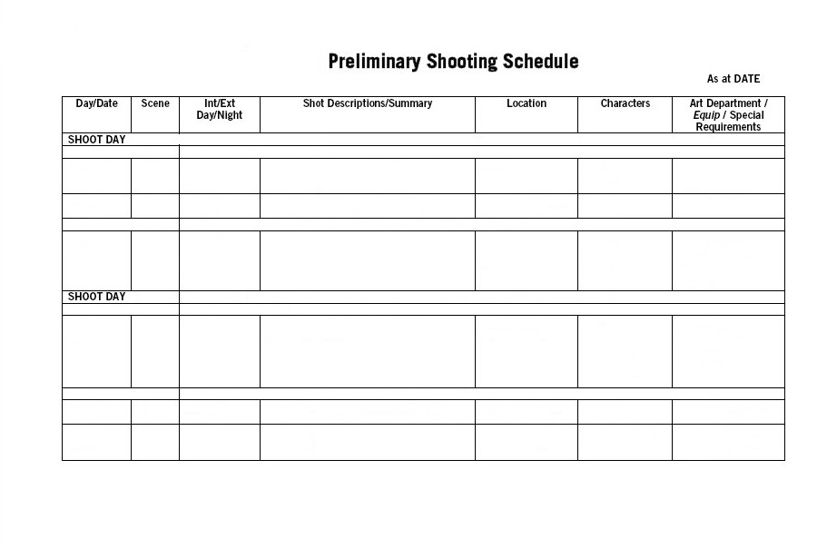 Sample of Shooting Schedule Template
