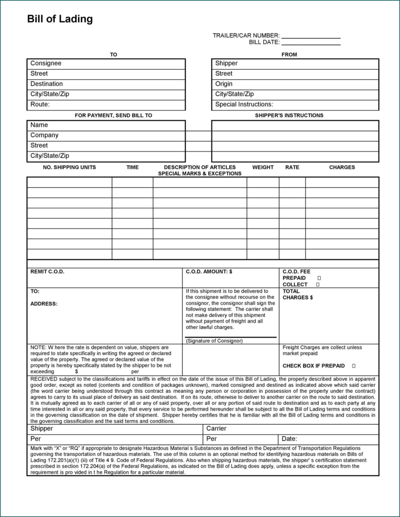 Printable Straight Bill Of Lading Template Printable straight bill of lading template
