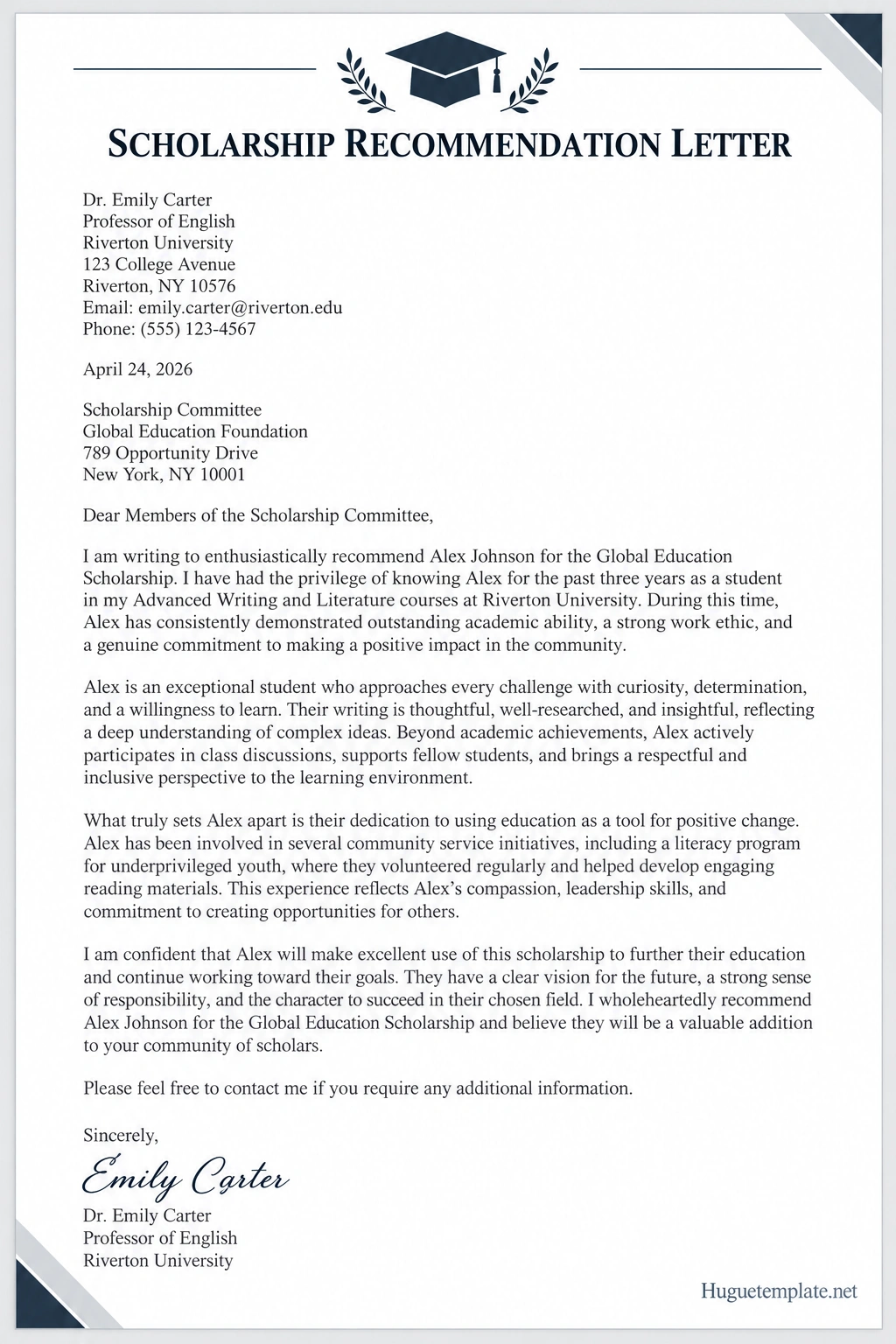 Scholarship Recommendation Letter Template Scholarship recommendation letter sample featuring a professional letterhead, student achievements, academic qualifications, personal qualities, and a formal signature