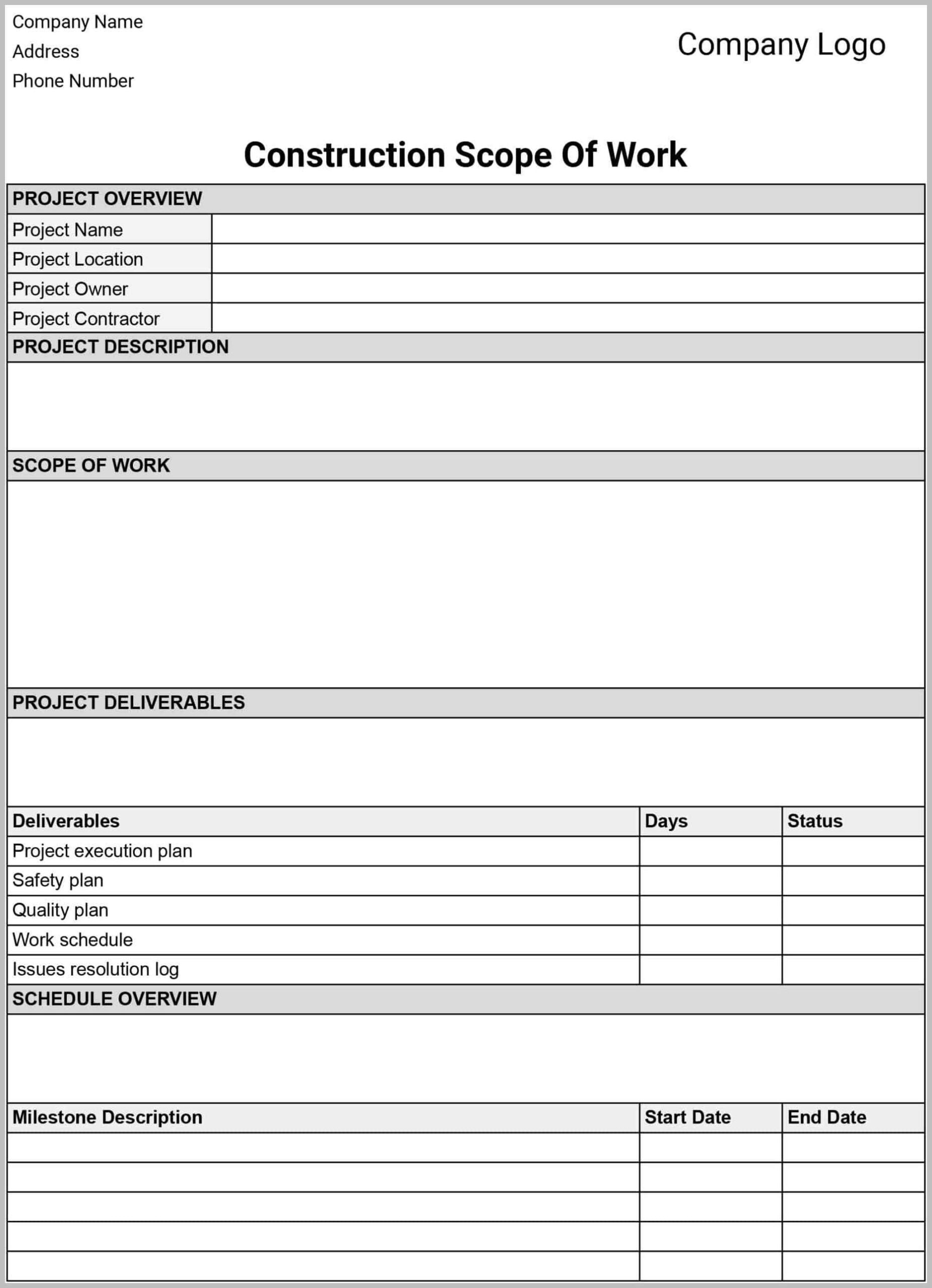 Scope of Work Template Example Scope of Work Template Example