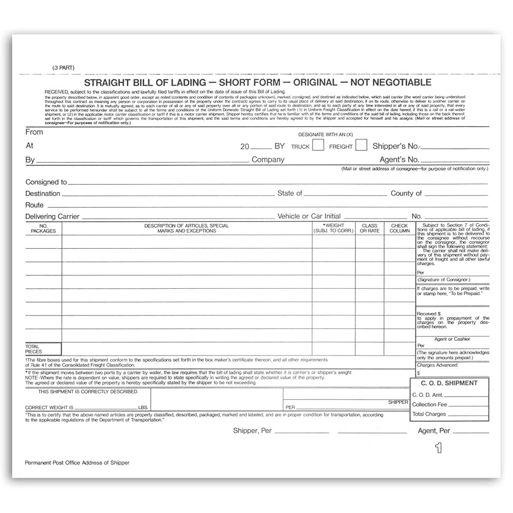 Short Form Bill of Lading Template