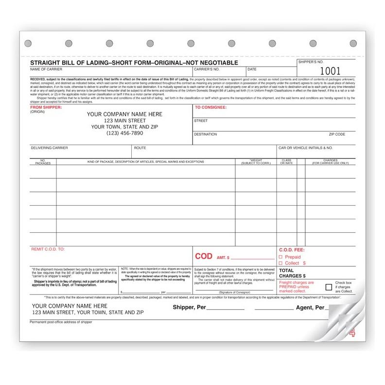 Short Form Bill of Lading Template