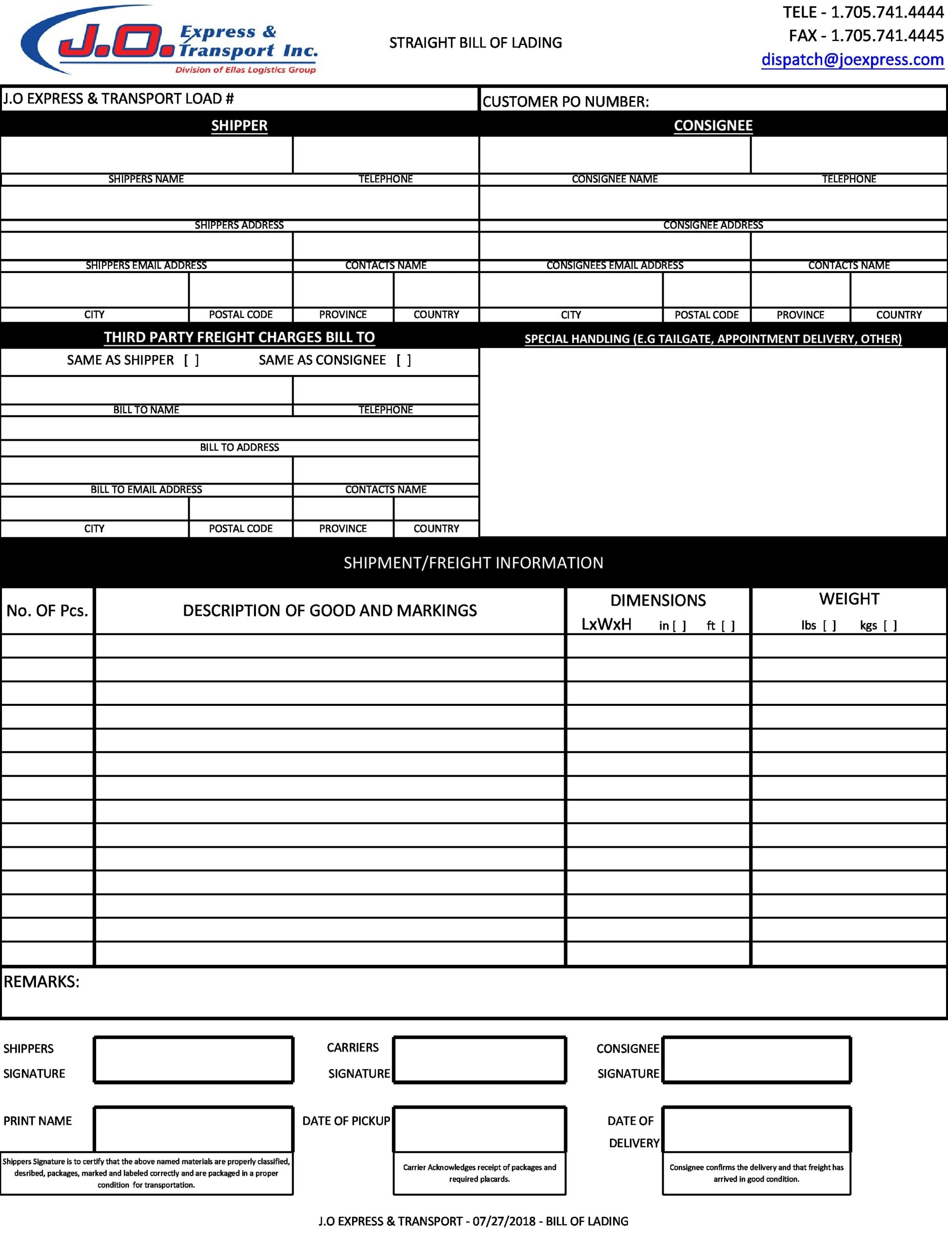 Short Form Bill of Lading Template