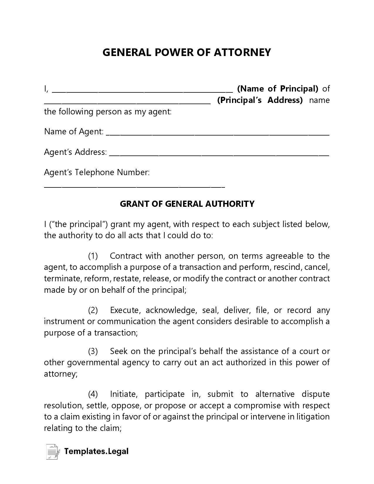 Simple General Power of Attorney Template Simple General Power of Attorney Template