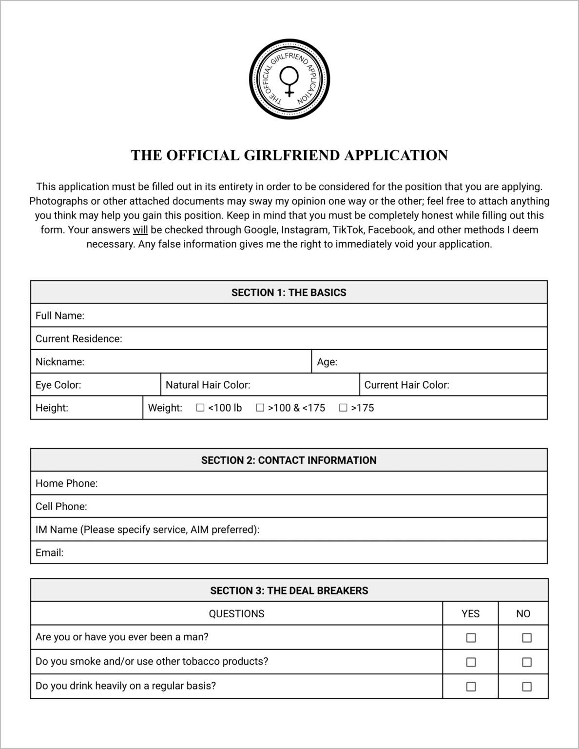 Simple Girlfriend Application Form Simple Girlfriend Application Form