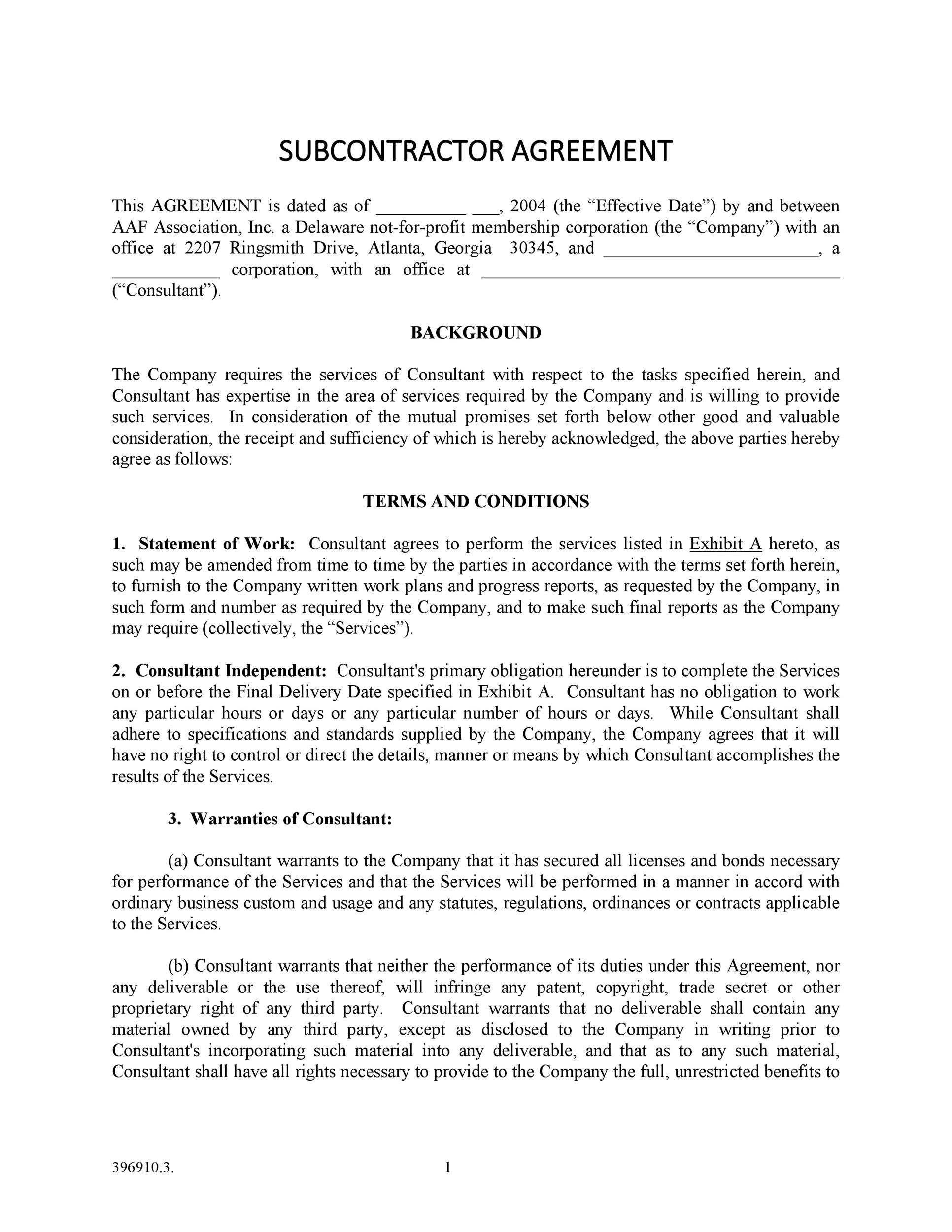 Subcontractor Agreement Template Subcontractor Agreement Template