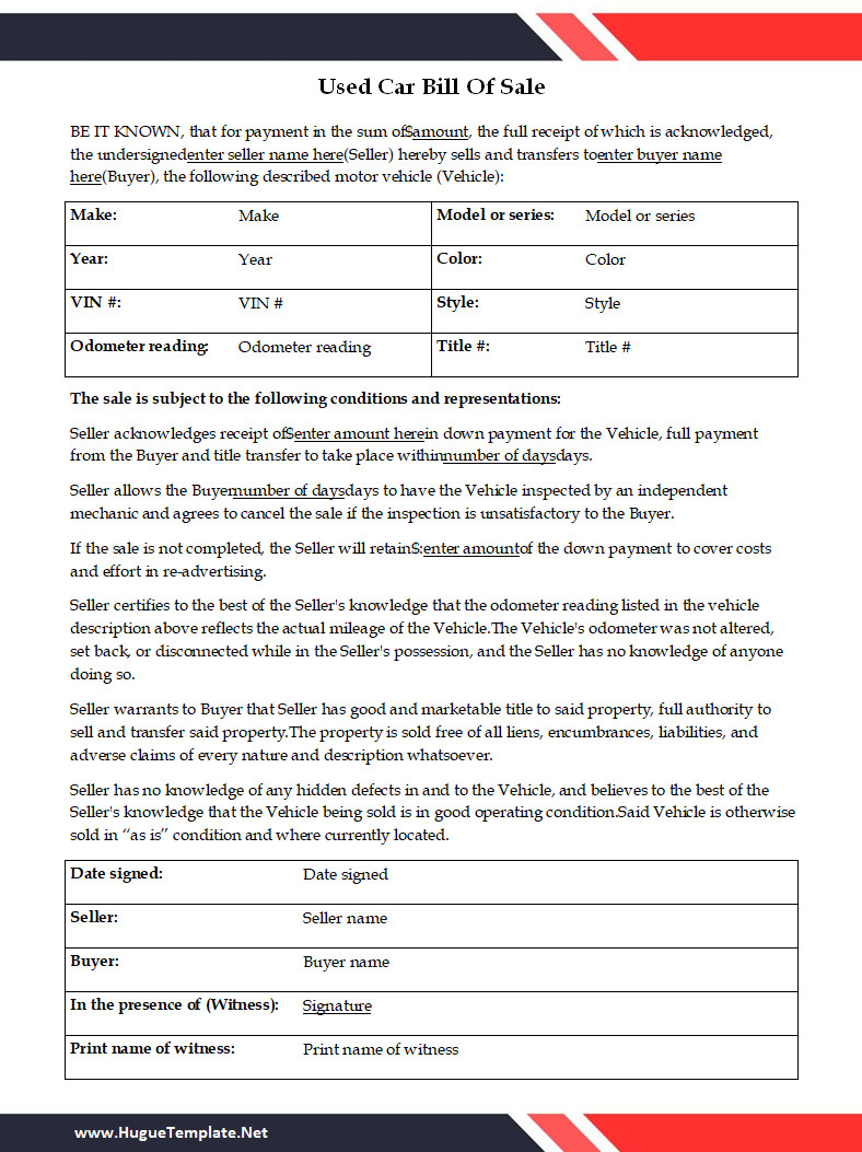 Used Car Bill of Sale Template