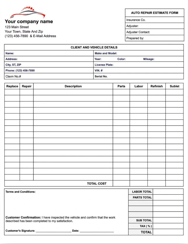 Vehicle Repair Estimate Template Simple Vehicle Repair Estimate Template