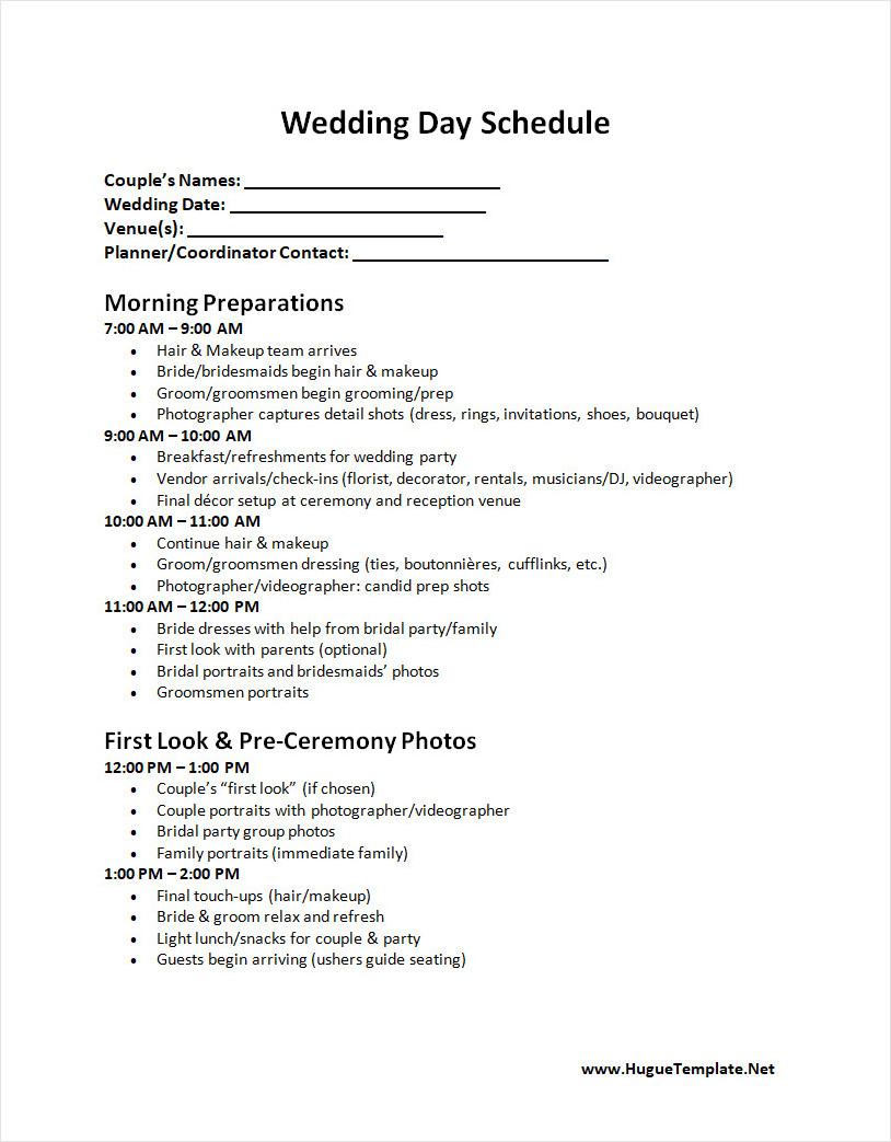 Wedding Day Schedule Template Wedding Day Schedule Template