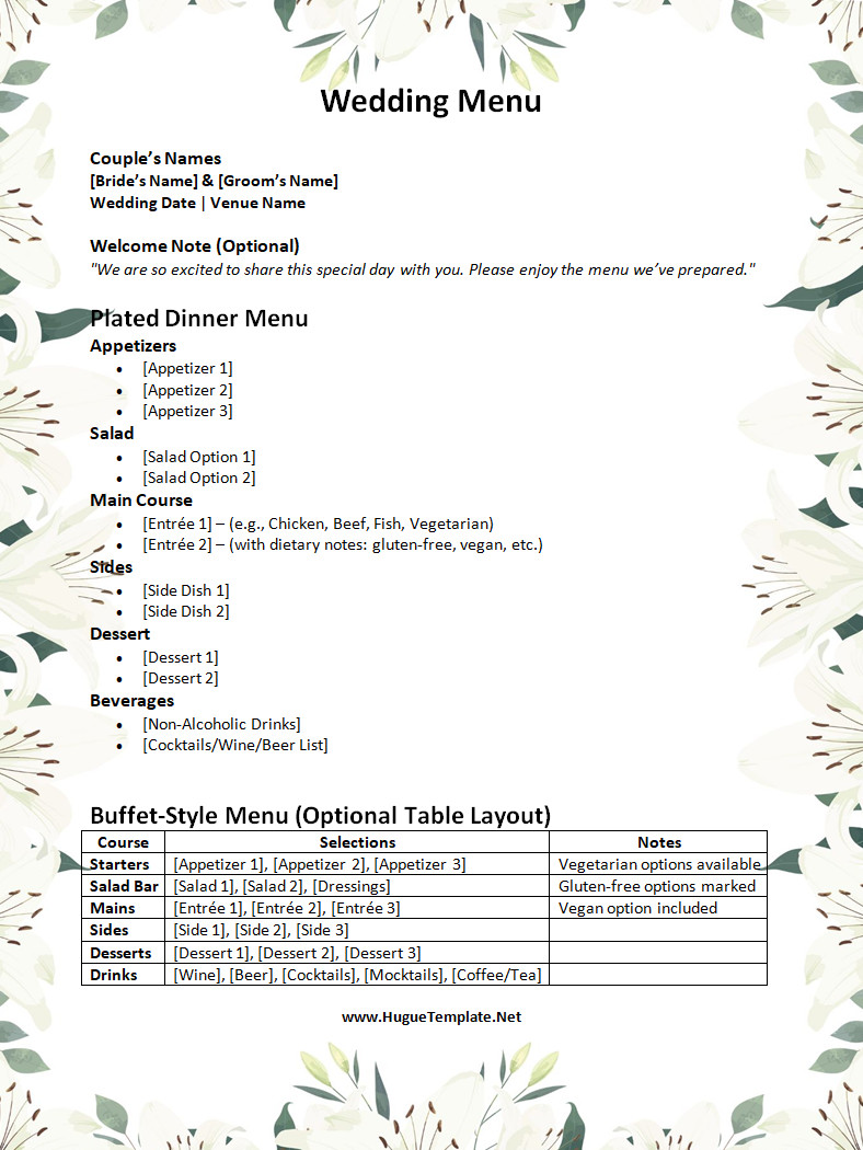 Wedding Menu Template Wedding Menu Template