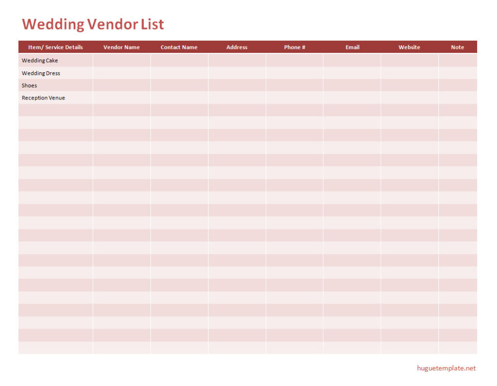 Printable Wedding Vendor List Template