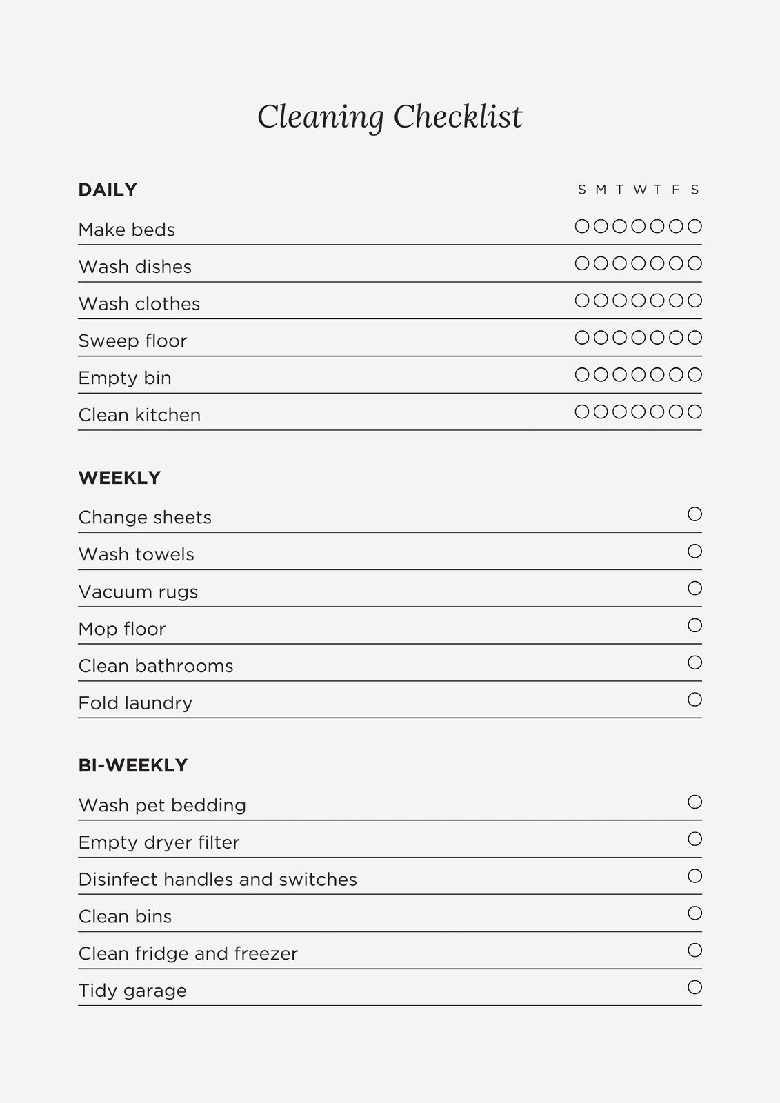Weekly Cleaning Schedule Template