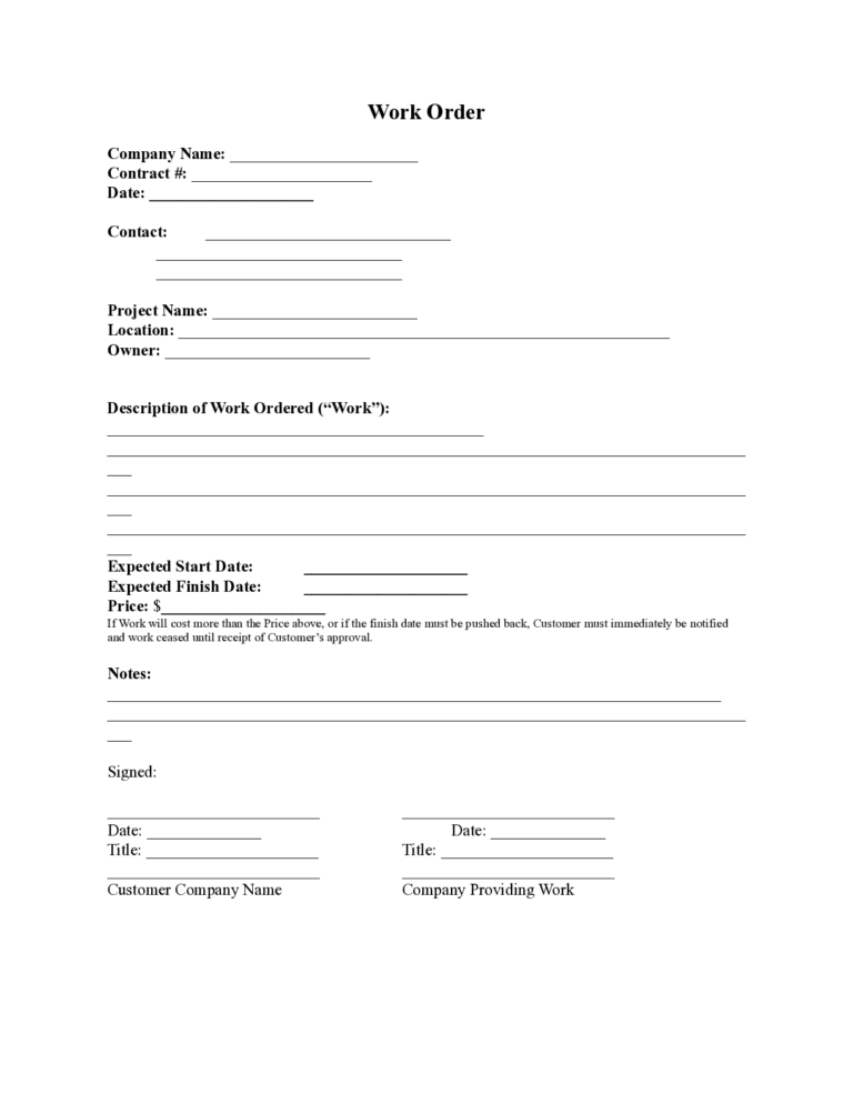 Free Printable Work Order Template