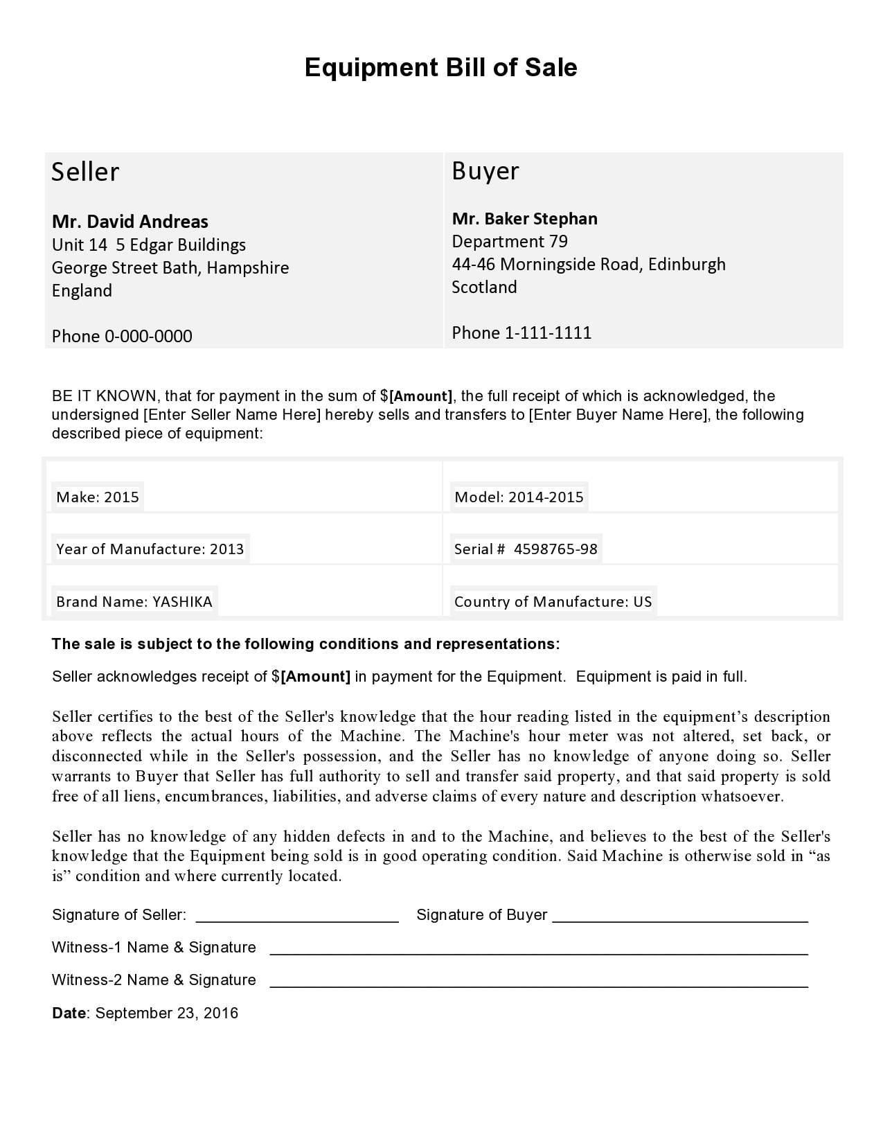 bill of sale equipment word bill of sale equipment word