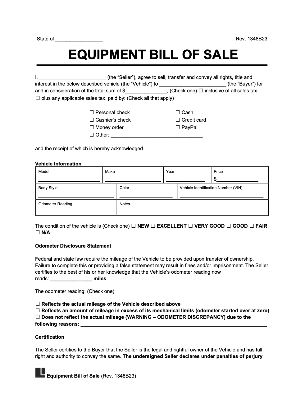 bill of sale for equipment bill of sale for equipment