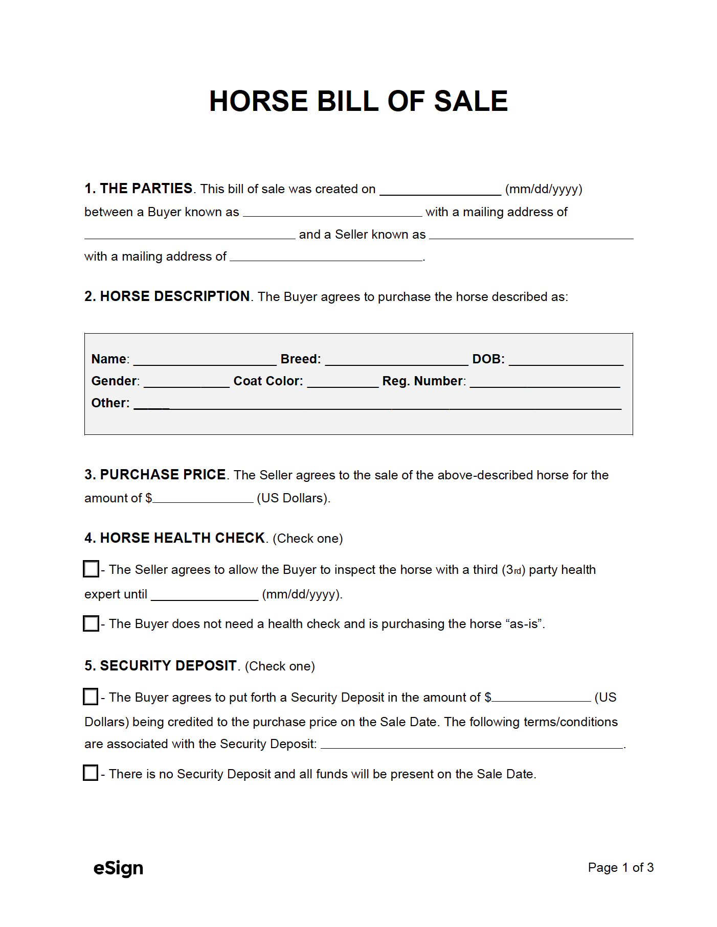 bill of sale for horse
