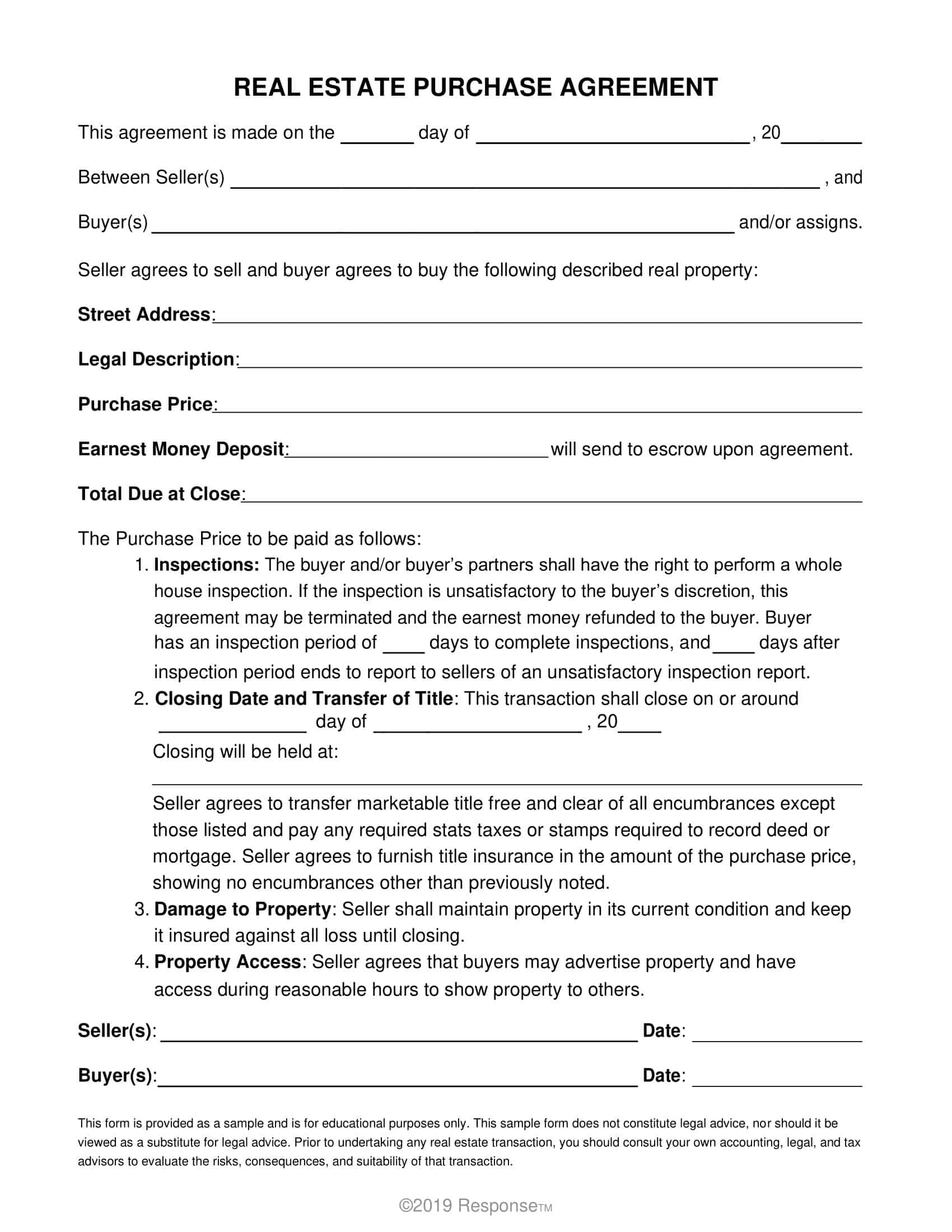 blank home purchase agreement form blank home purchase agreement form