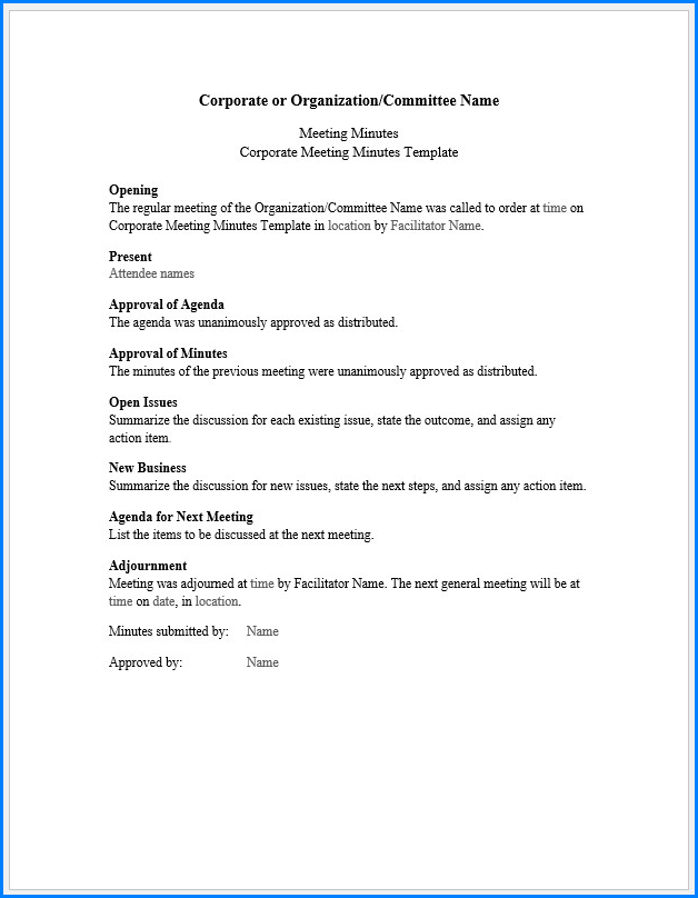 corporate meeting minutes template corporate meeting minutes template
