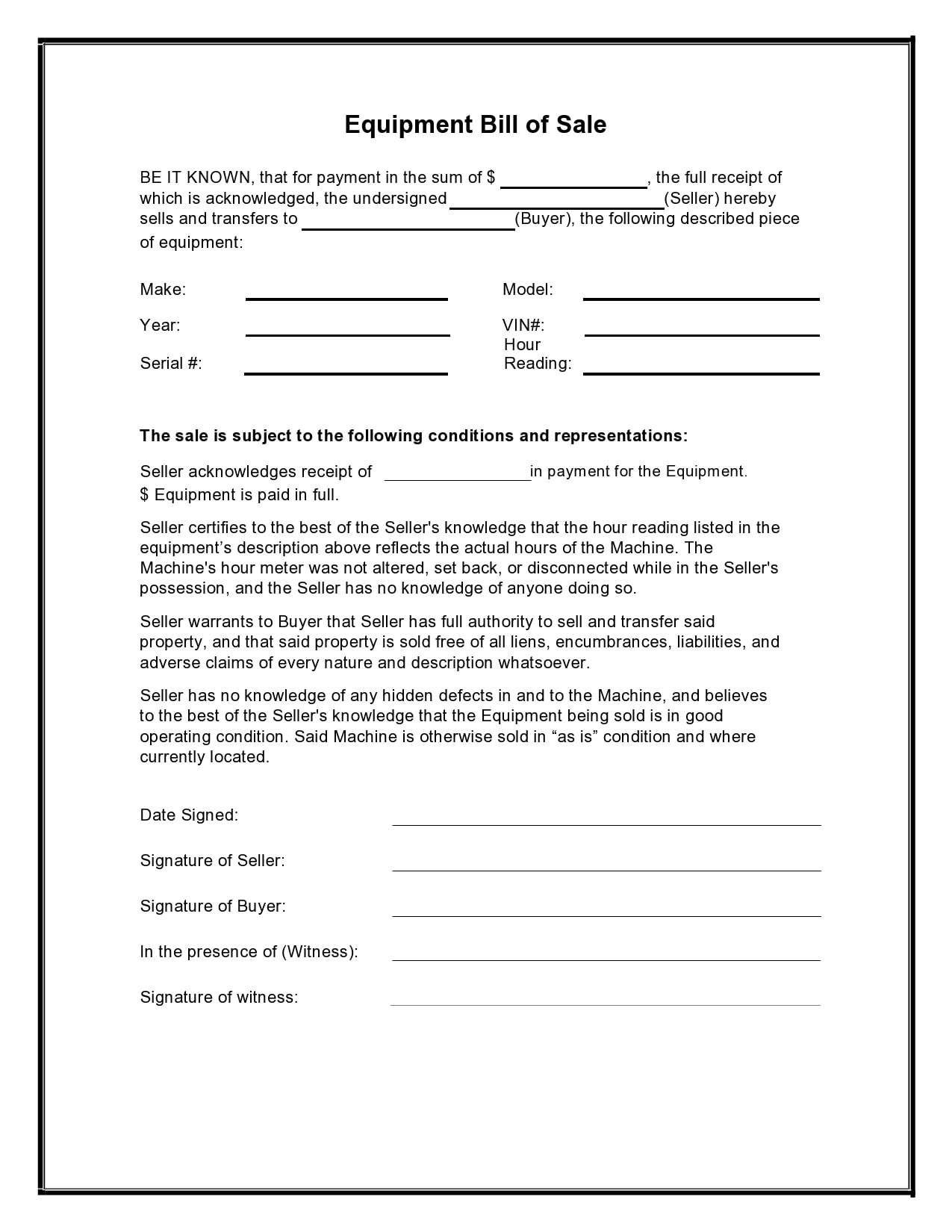 equipment bill of sale form free printable equipment bill of sale form free printable