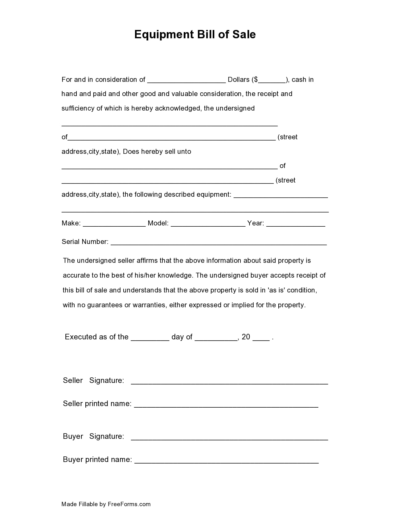 equipment bill of sale form equipment bill of sale form