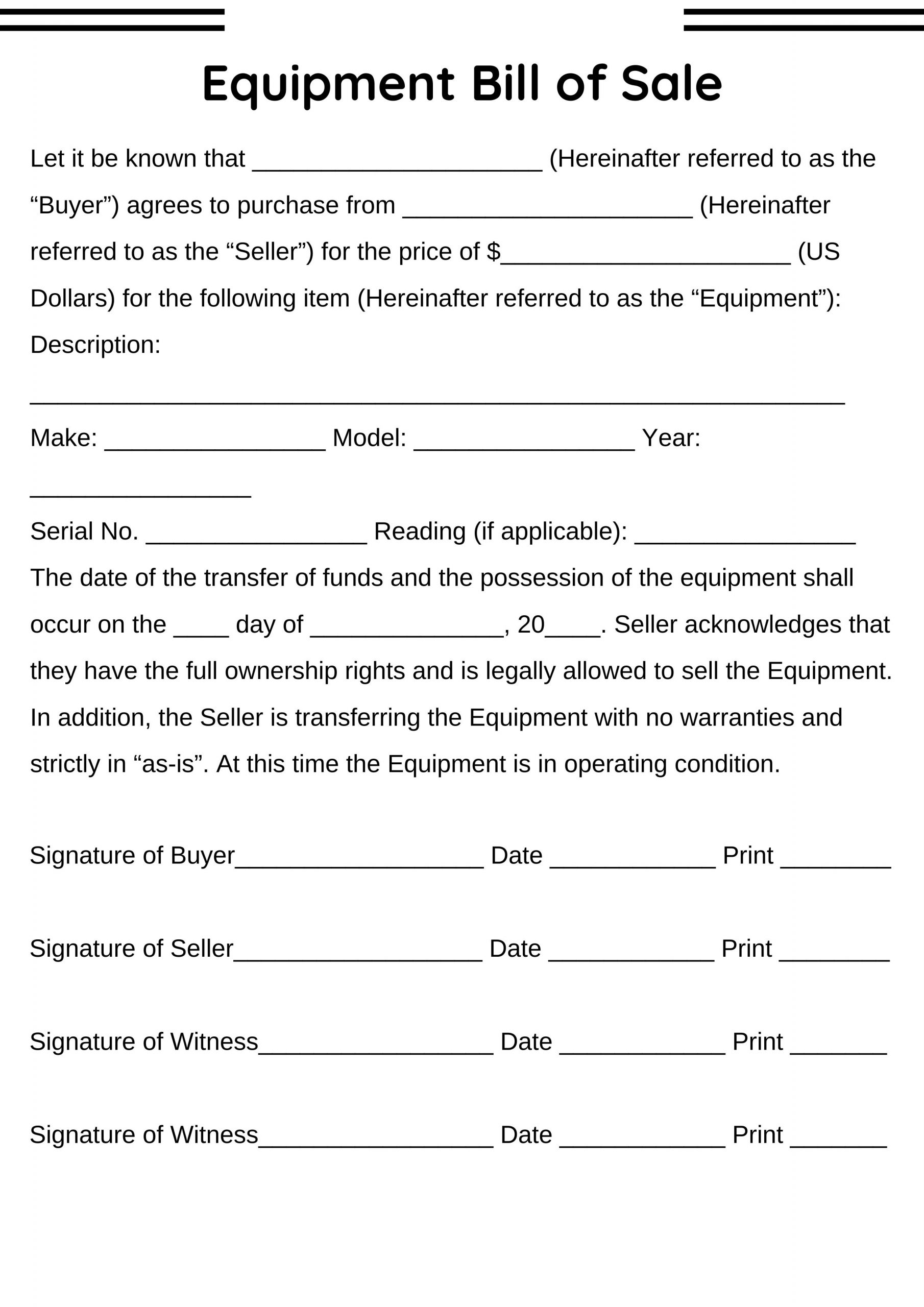 equipment bill of sale printable equipment bill of sale printable